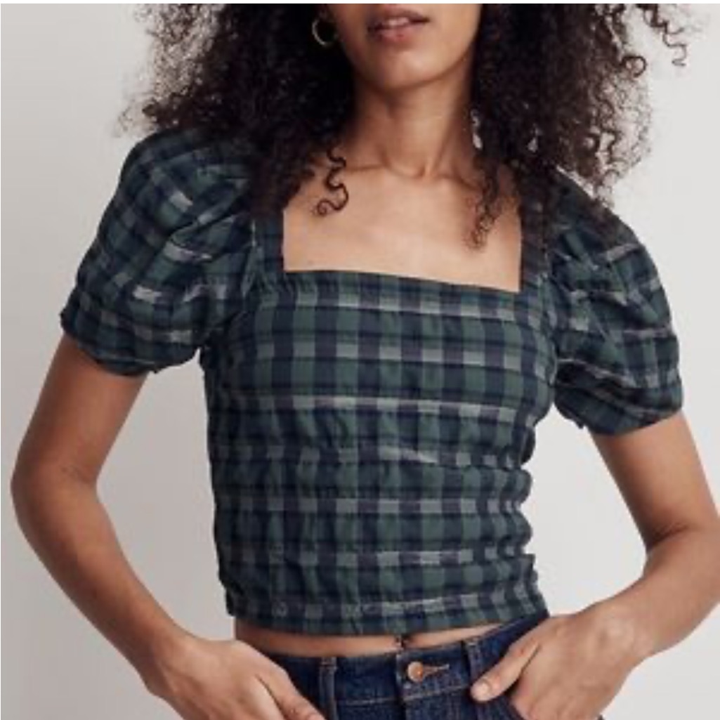 Madewell Hopewell Puff Sleeve Crop Top In Plaid Xxs